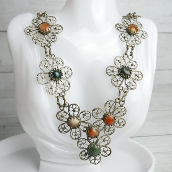 Vintage Hippie Flower Power Filigree Gemstones Bib Necklace Indian Style - Picture 1 of 10